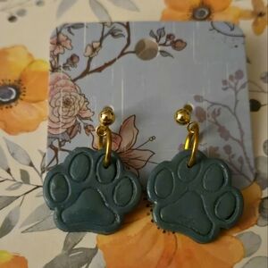 🆕️ Clay Teal Paw Print Stud Earrings with Drop Dangle Made by Local Artist